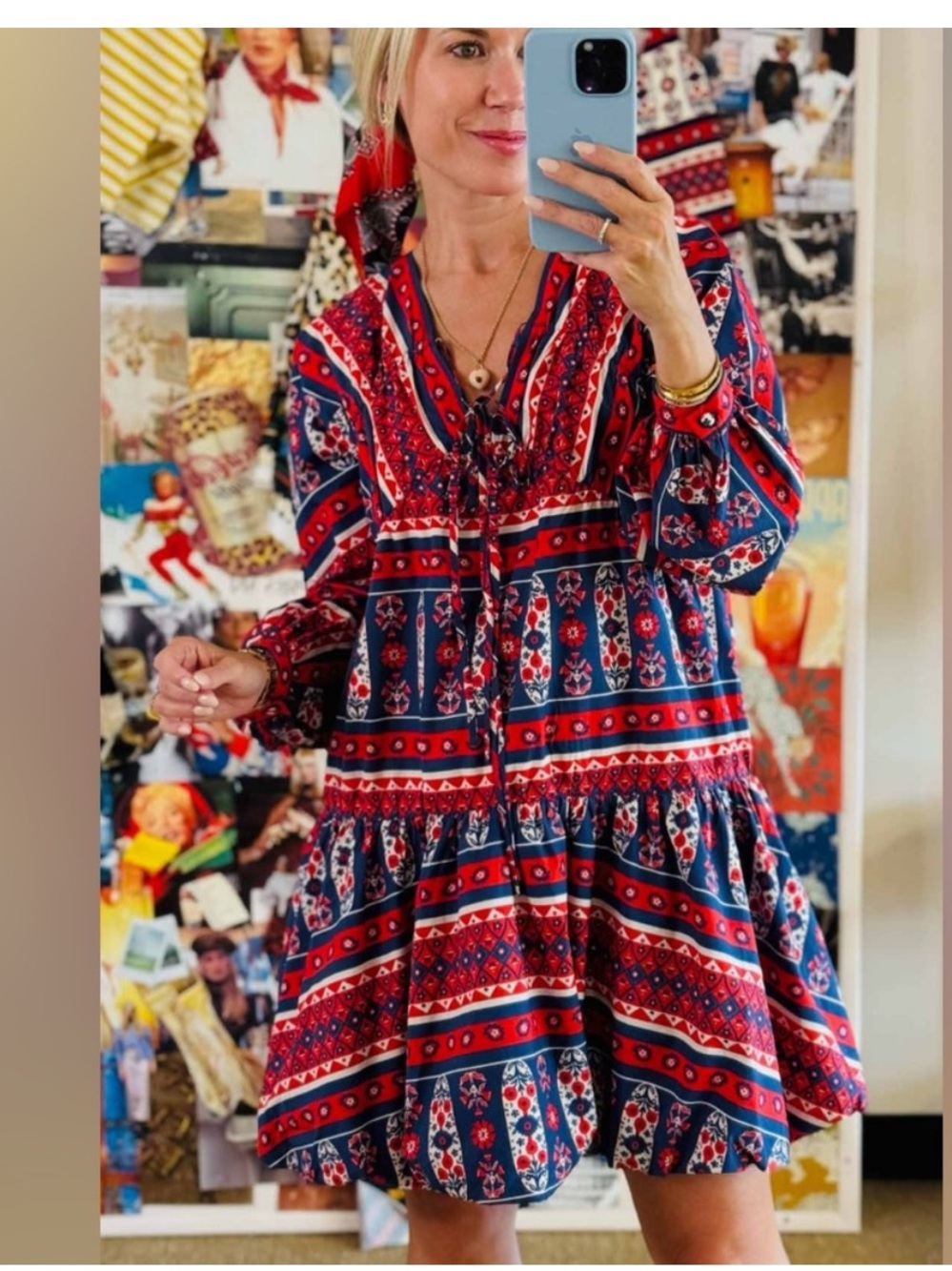 HUNTER BELL Sawyer Red & Navy Printed Tiered Mini Dress
